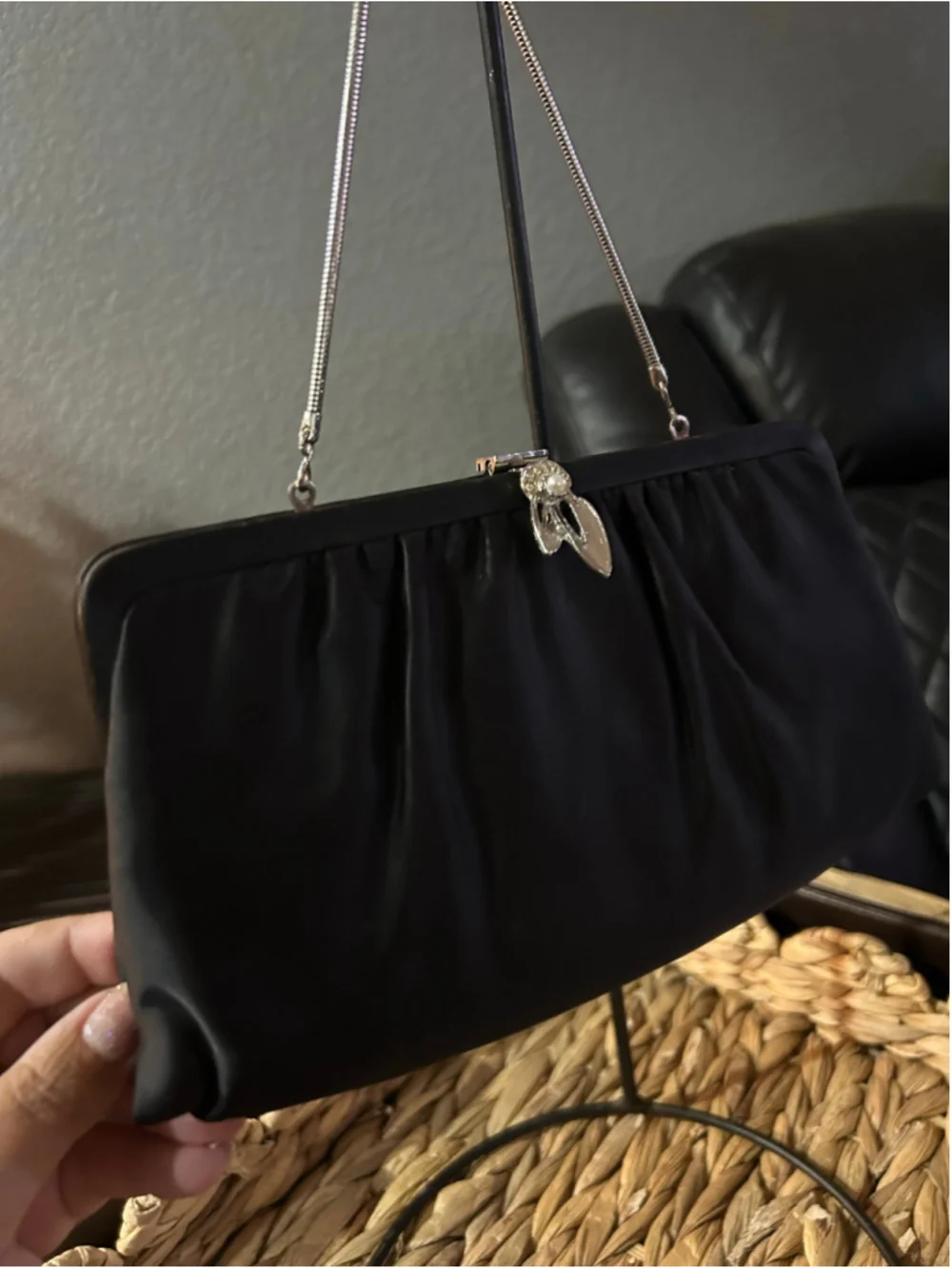 Women's Unbranded Black Satin Clutch with Silver Chain, One Size